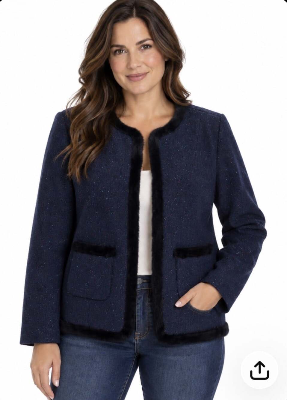 Talbots Shetland Jacket Wool Blend Tweed Blazer Jacket Faux Fur Navy Size 12